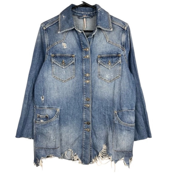 Free People Moonchild Distressed Oversized Denim Shacket Jacket In Indigo Blue - Picture 8 of 15